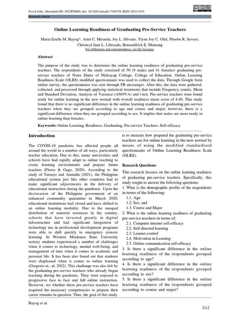 Online Learning Readiness of Graduating Pre-Service Teachers | PDF ...