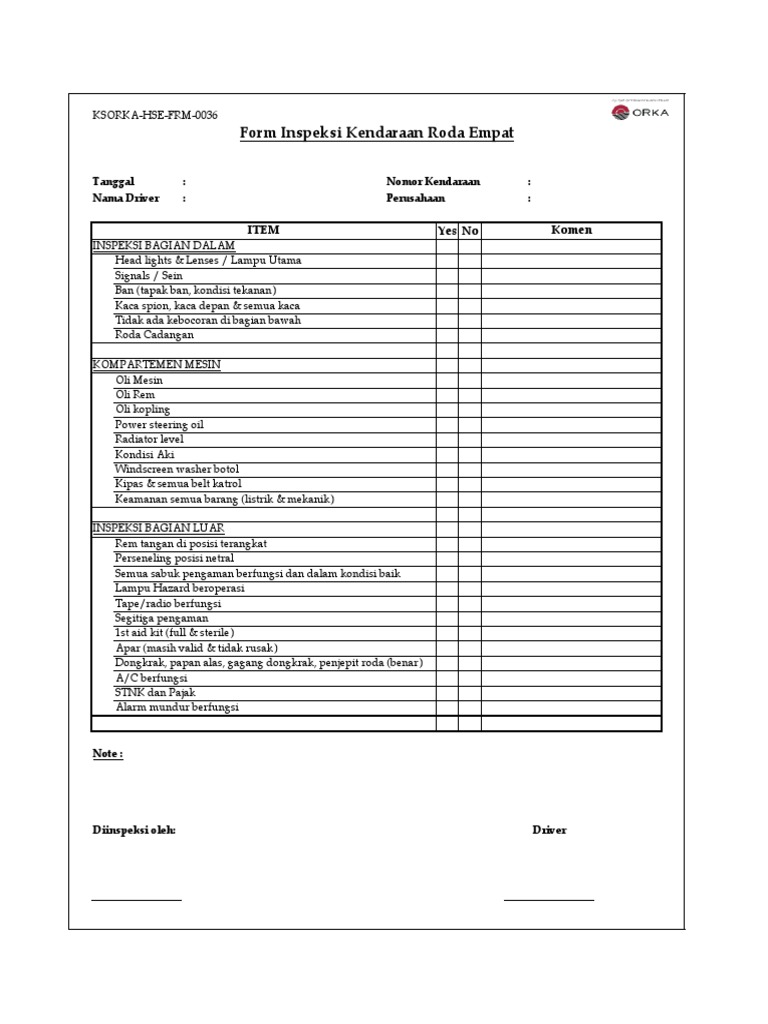 Formulir Inspeksi Kendaraan Roda Empat | PDF