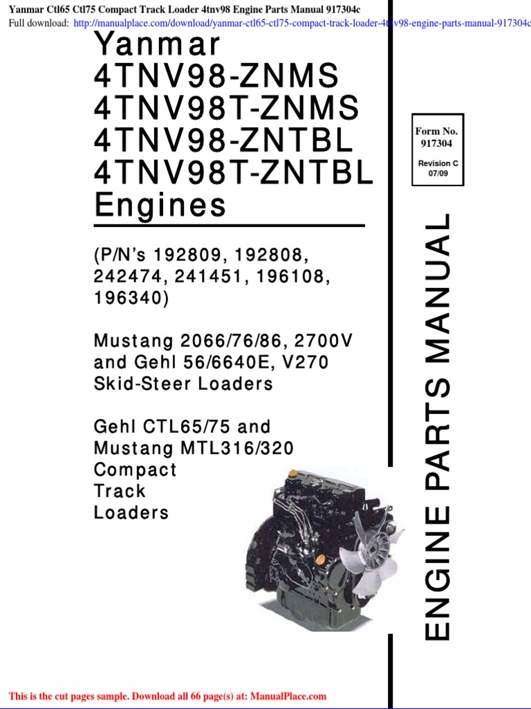 セット Yanmar Ctl65 Ctl75 Compact Track Loader 4tnv98 Engine Parts