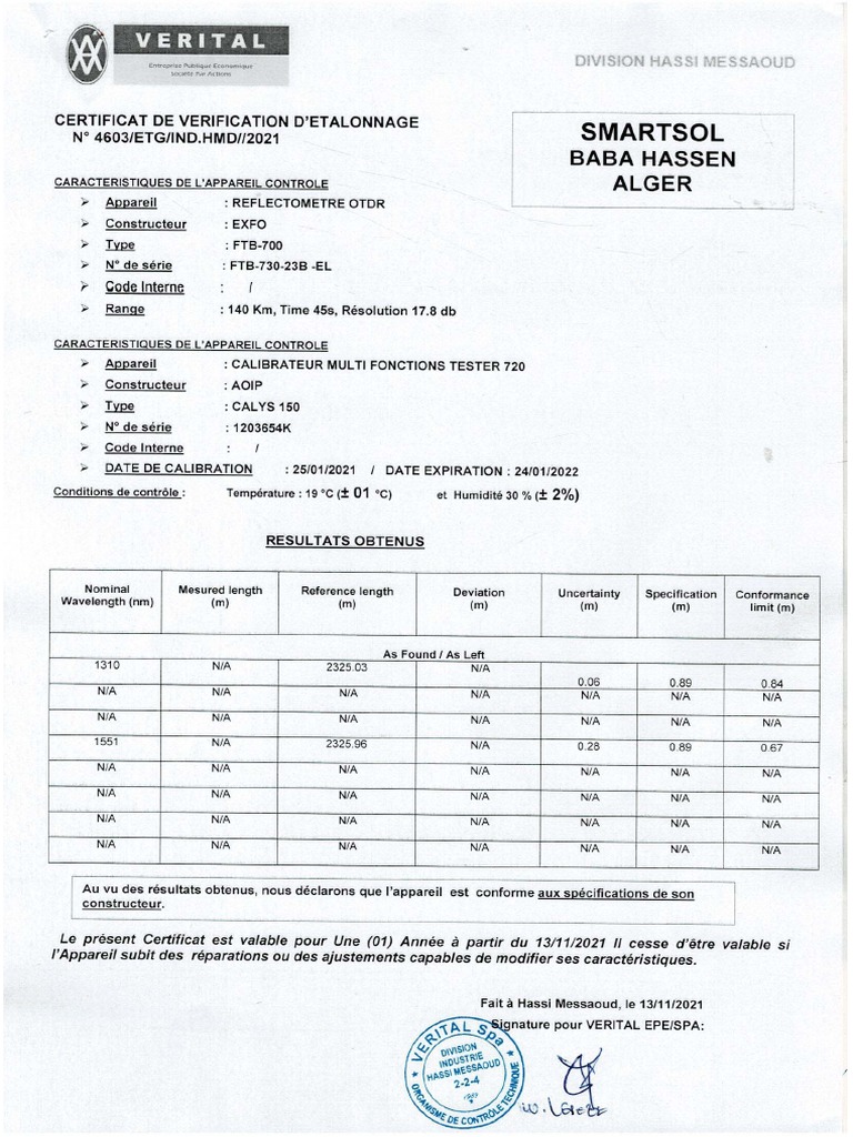 Calibration Certificat Exfo FTB1 730 1121 PDF