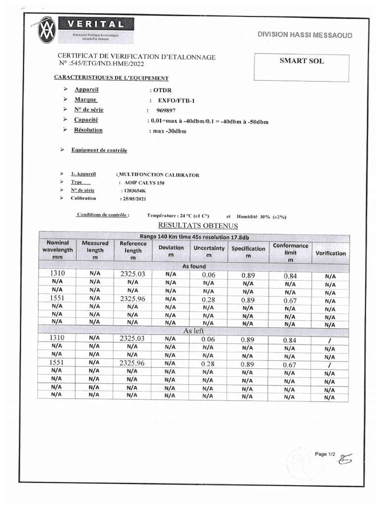 Calibration Certificat Exfo FTB1 730 1121 PDF