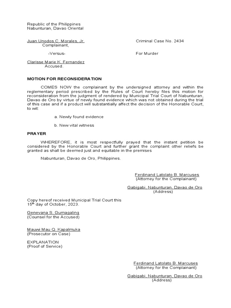 Sample of Motion For Reconsideration | PDF