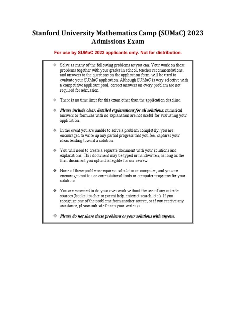 SUMaC 2023 Admissions Exam PDF Prime Number Mathematical Objects