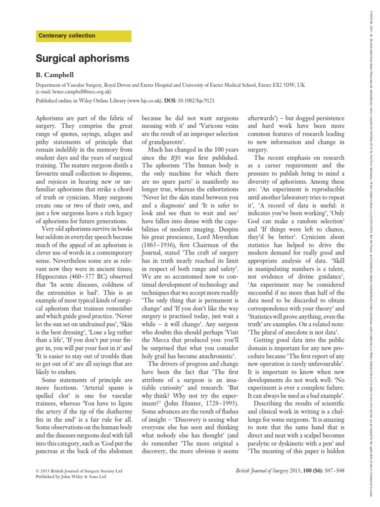 British Journal of Surgery 2013 Campbell Surgical Aphorisms 1
