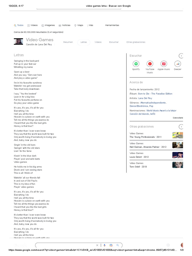 Video Games Letra | PDF | Songs | Songs Written
