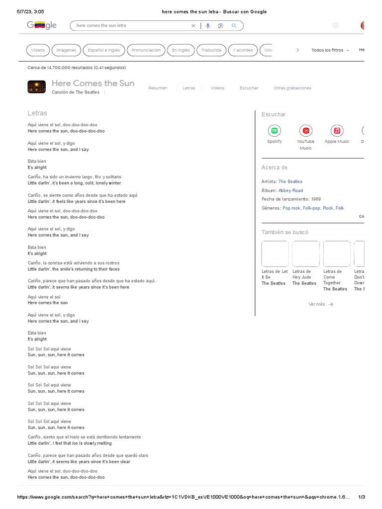 Here Comes The Sun Letra PDF Los Beatles Música grabada