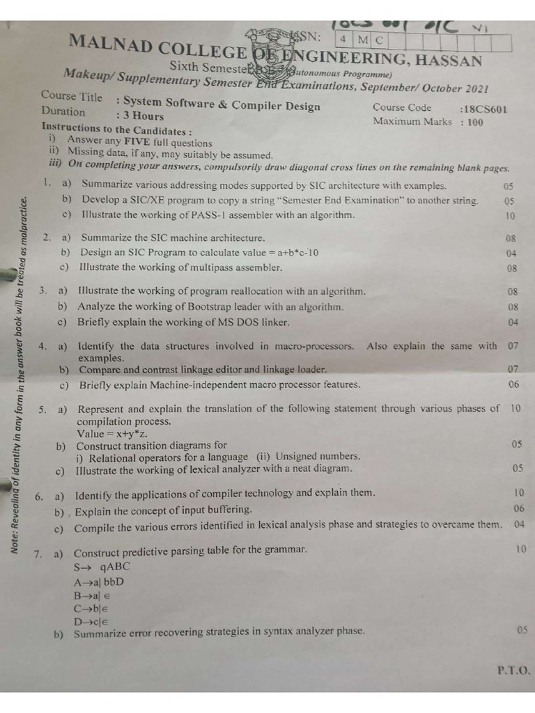 System Software Compiler Design Question Papers | PDF