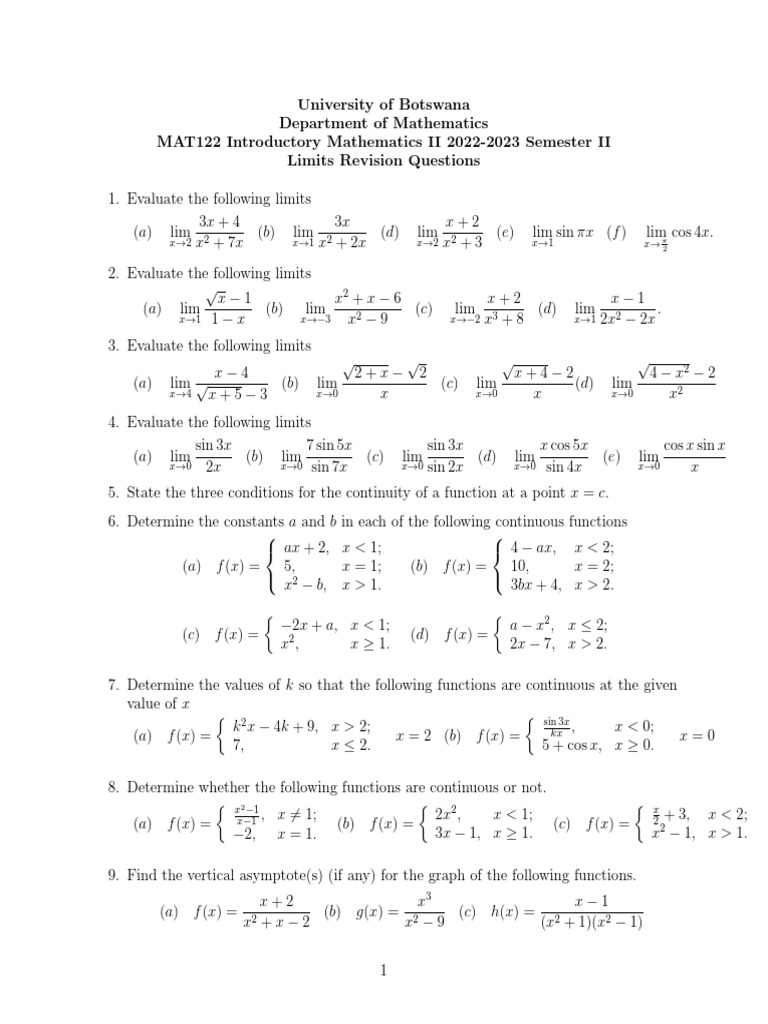 Limits and Continuity Questions for MAT122 | PDF | Teaching Methods ...