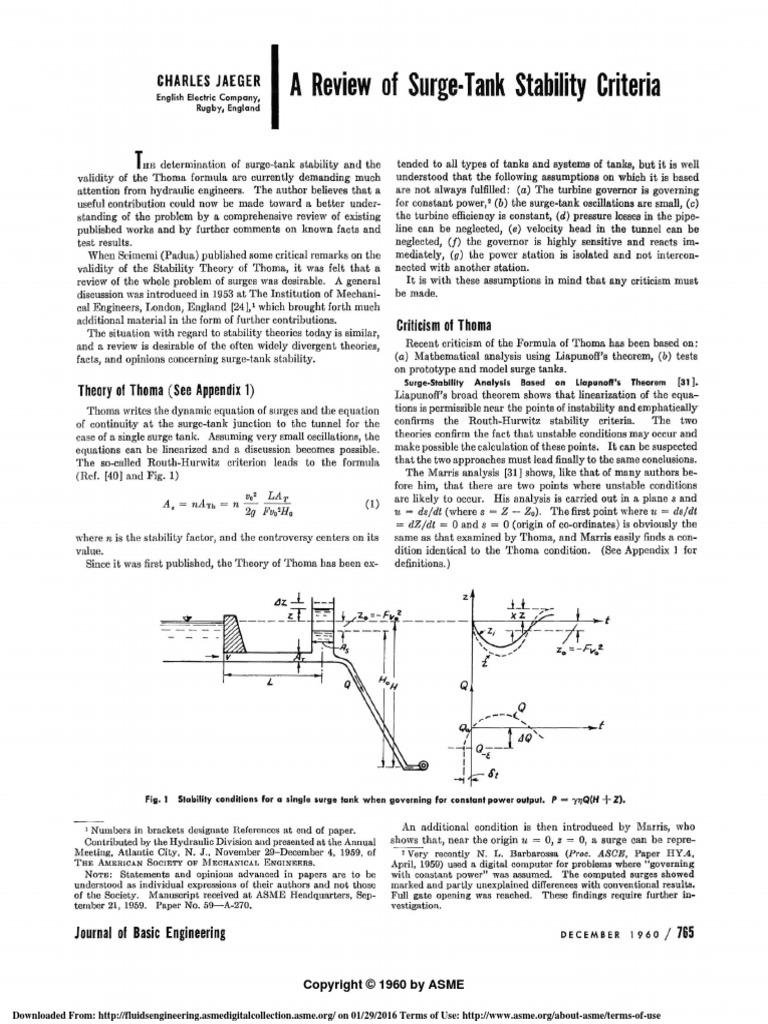 Jaeger - A Review of Surge-Tank Stability Criteria (1960) | PDF ...