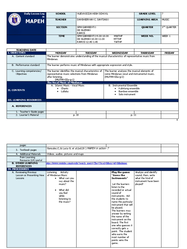 Mindanao Music Lesson Plan for Grade 7 | PDF | Learning | Teachers