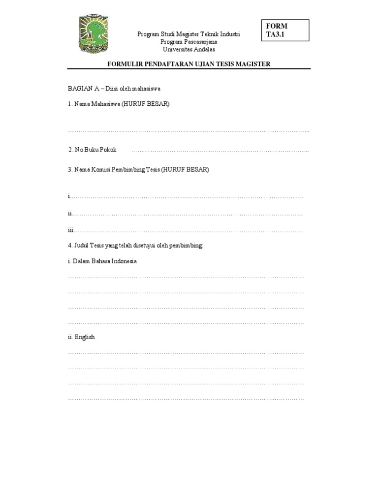 Formulir Pendaftaran Tesis Magister Teknik Industri | PDF