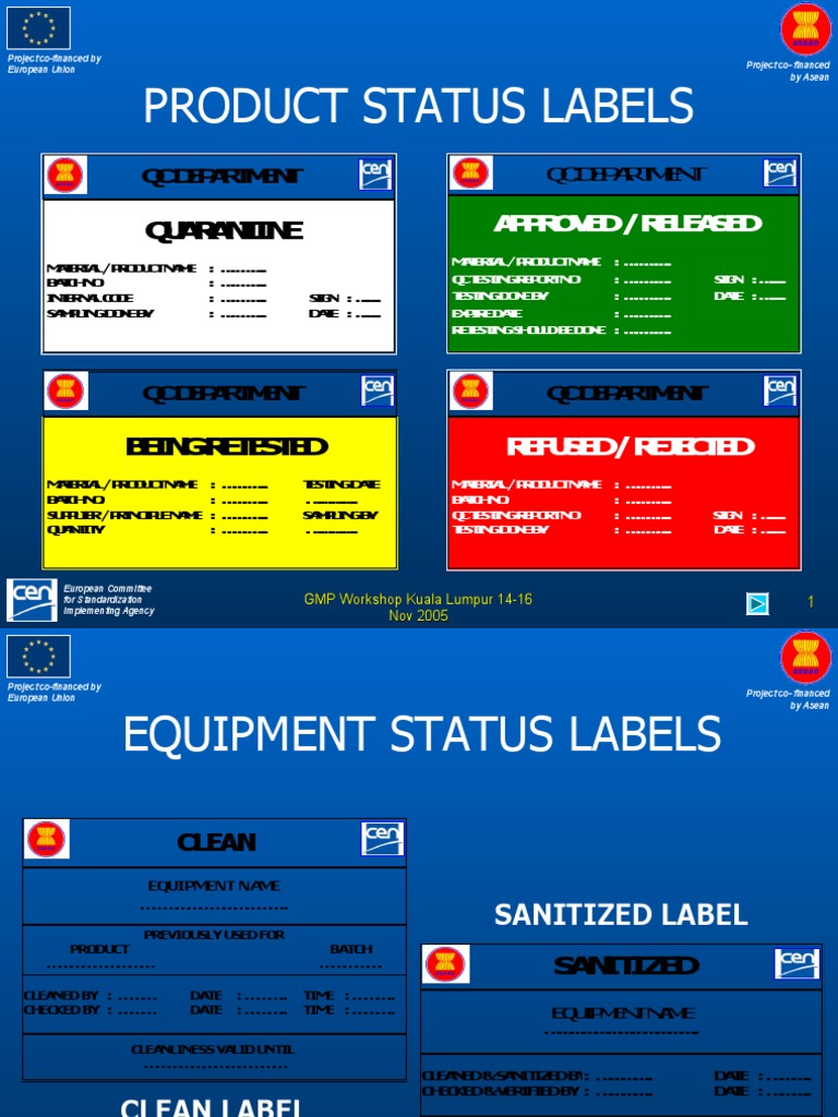Product & Equipment Status Label ASEAN GMP PDF