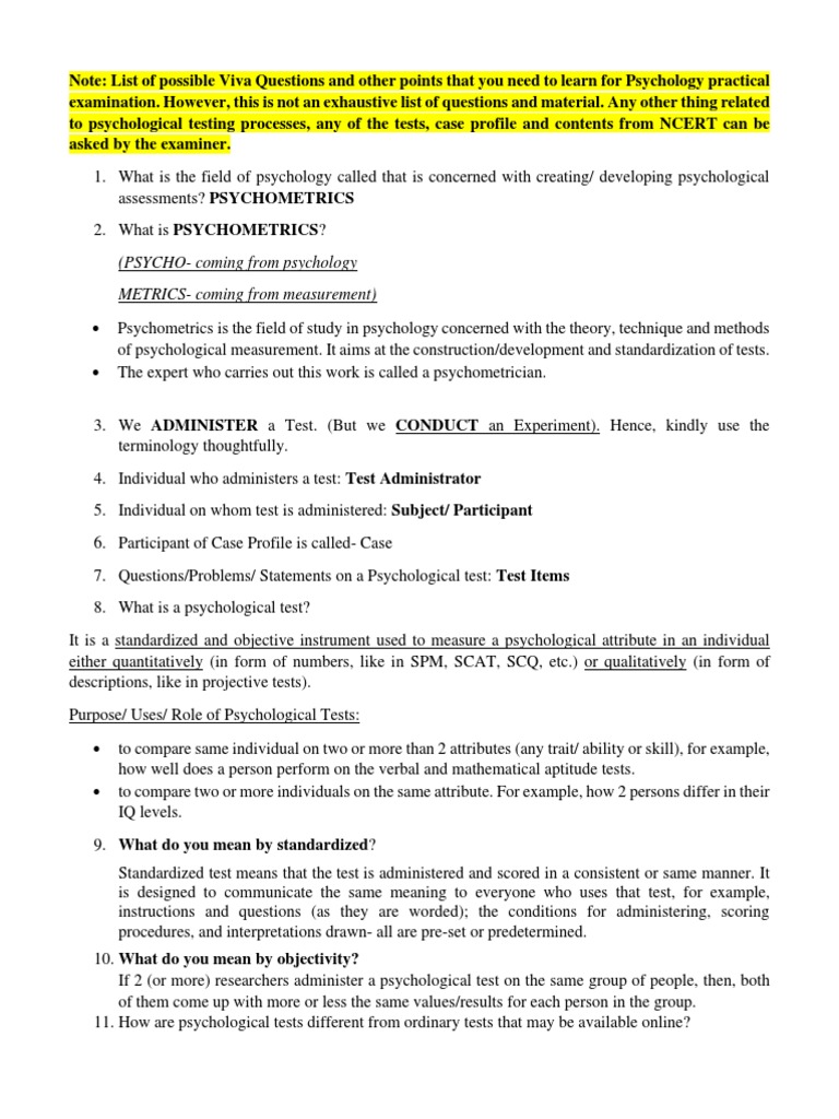 Psychology VIVA Questions PDF Validity (Statistics) Psychometrics