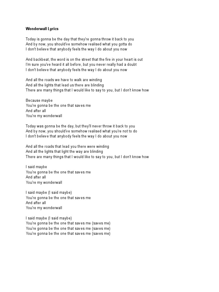 Wonderwall Lyrics PDF