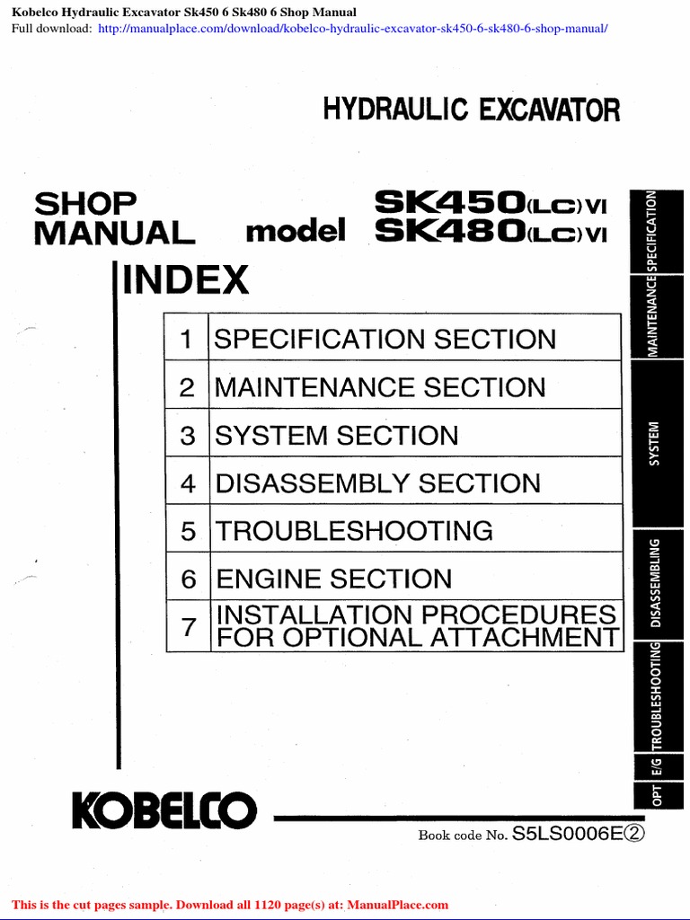 Kobelco Hydraulic Excavator Sk450 6 Sk480 6 Shop Manual | PDF