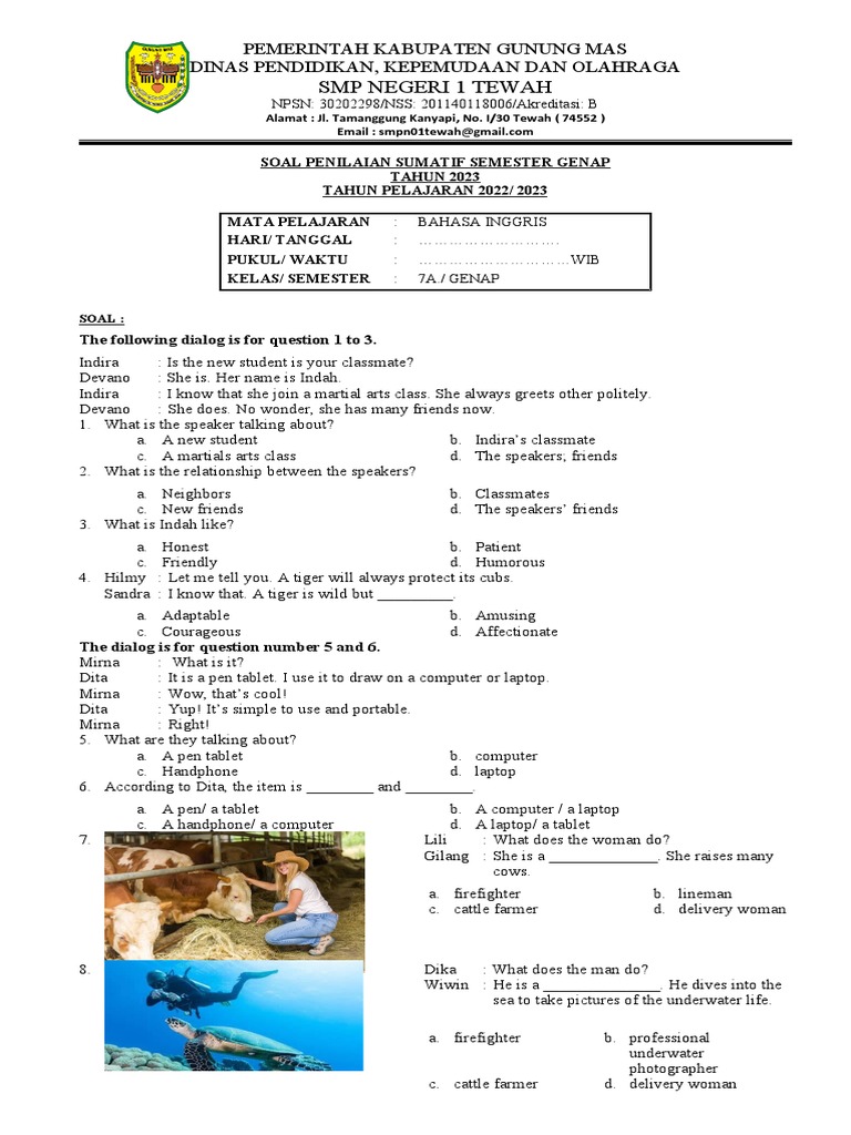 Soal Bahasa Inggris Kelas 7 Semester Genap | PDF | Language Arts ...