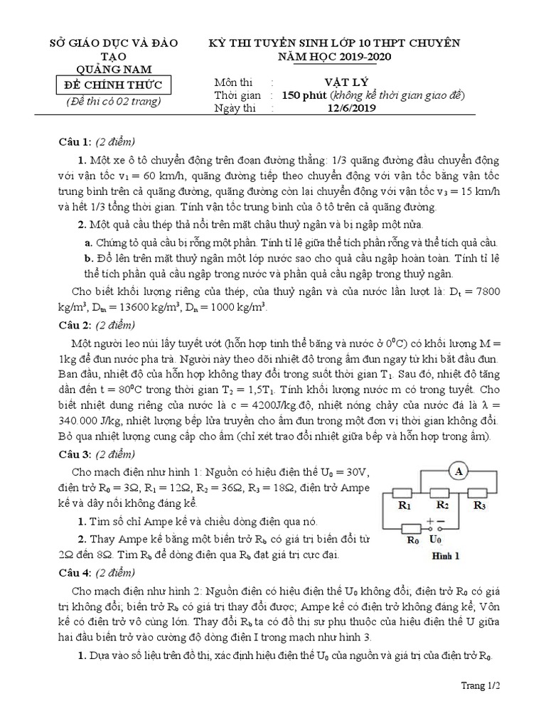 De Thi Chuyen Vat Ly Quang Nam 20192020 | PDF