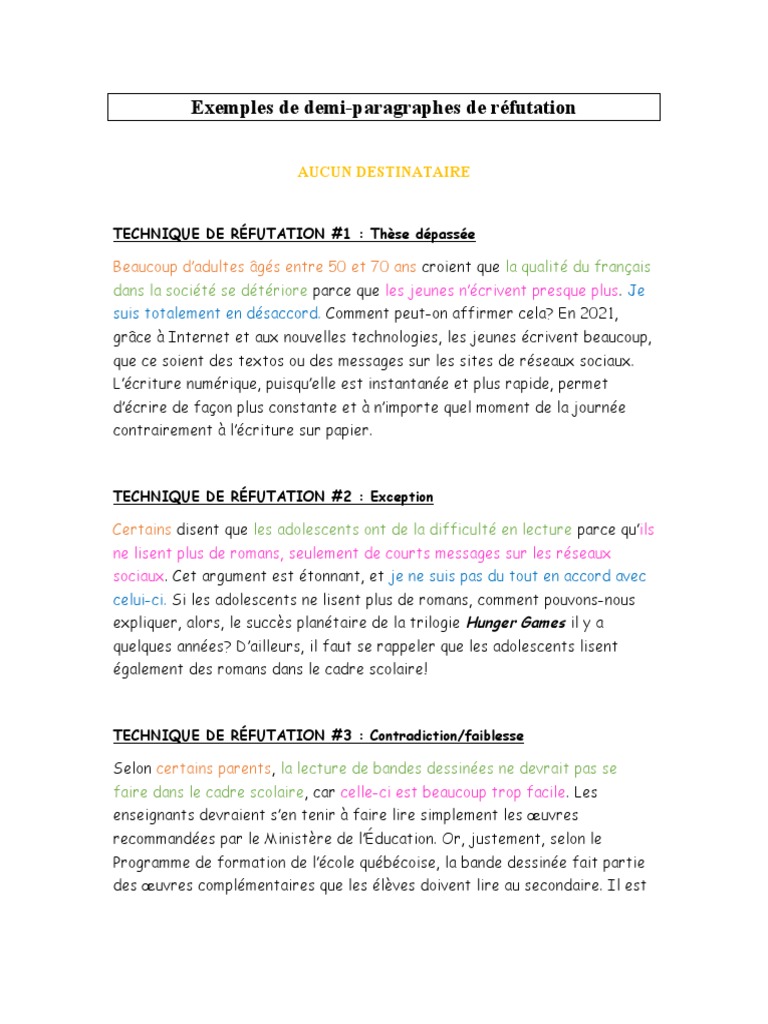 Techniques de réfutation en argumentation | PDF | Adolescence | la ...