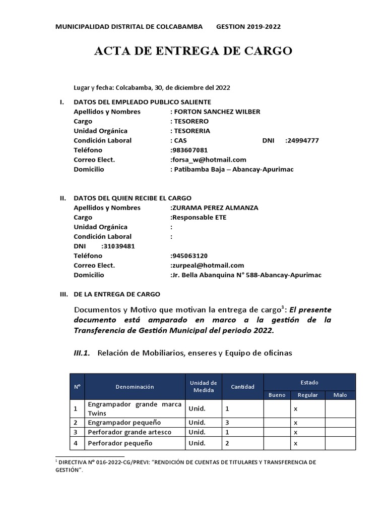 Acta de Entrega de Cargo Municipal | PDF