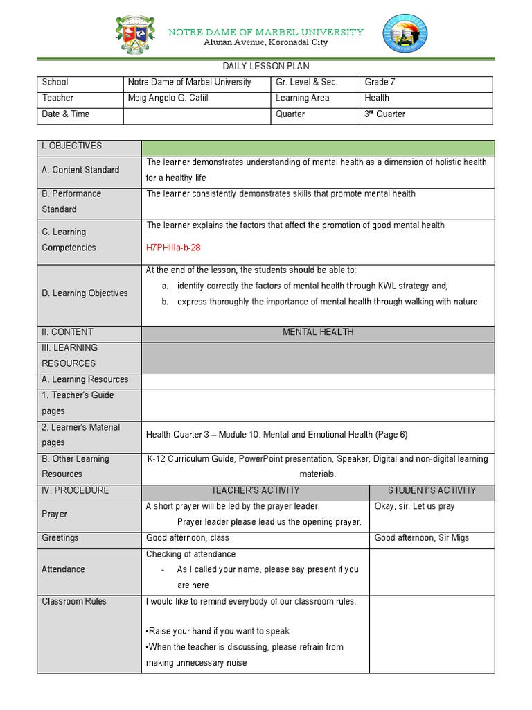 Lesson Plan Kwl Pdf Mental Health Experience