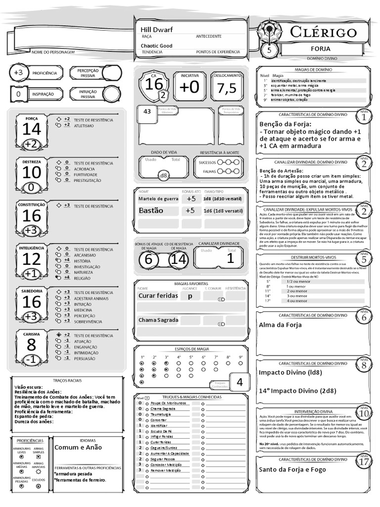 DnD 5e - Ficha - Clérigo - Editável | PDF