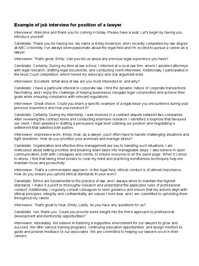 Example of Job Interview Lawyer PDF Lawyer Mentorship