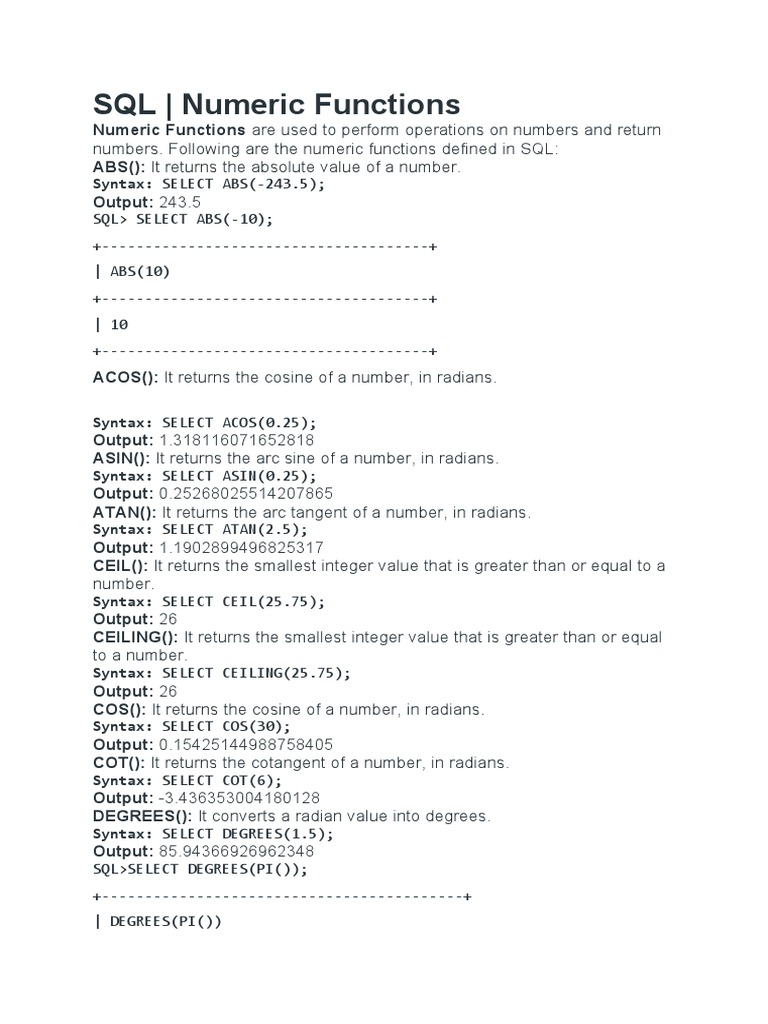 SQL Number Function | Download Free PDF | Trigonometric Functions ...