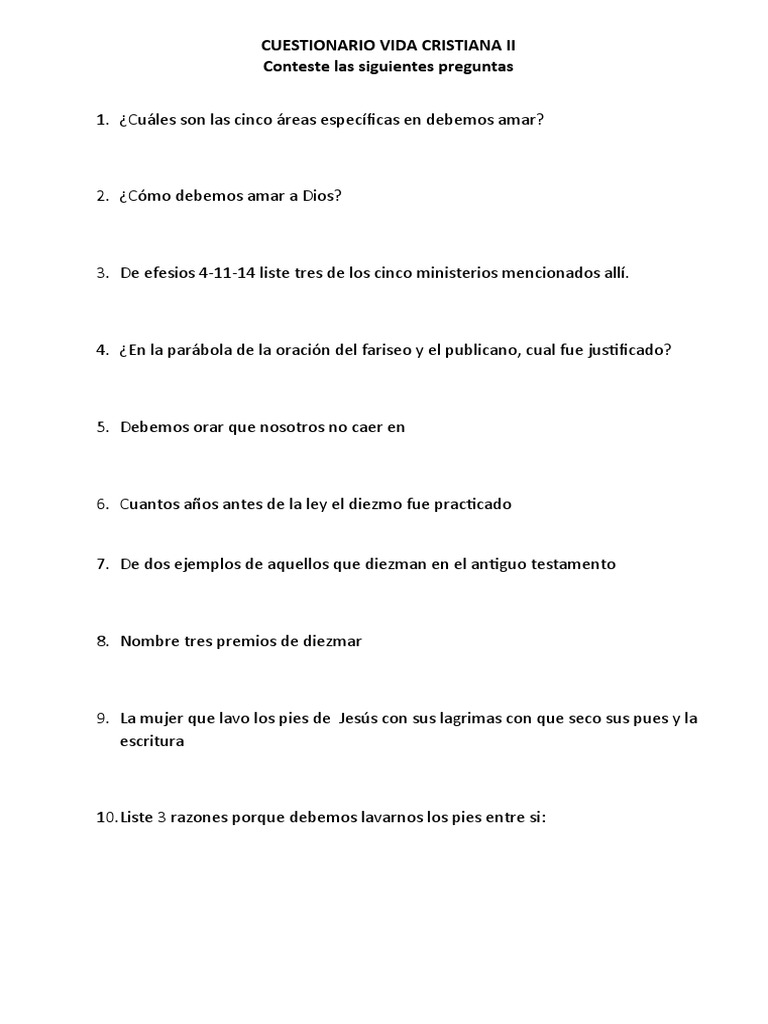 Cuestionario Vida Cristiana II | PDF