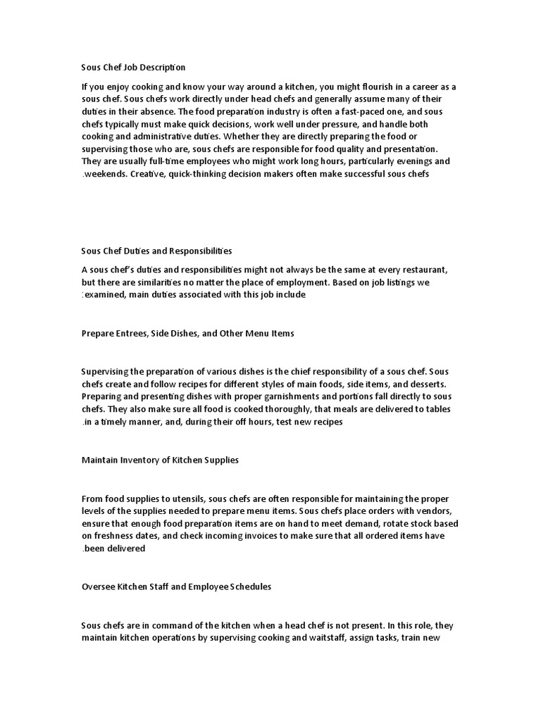 Sous Chef Job Description PDF Chef Menu