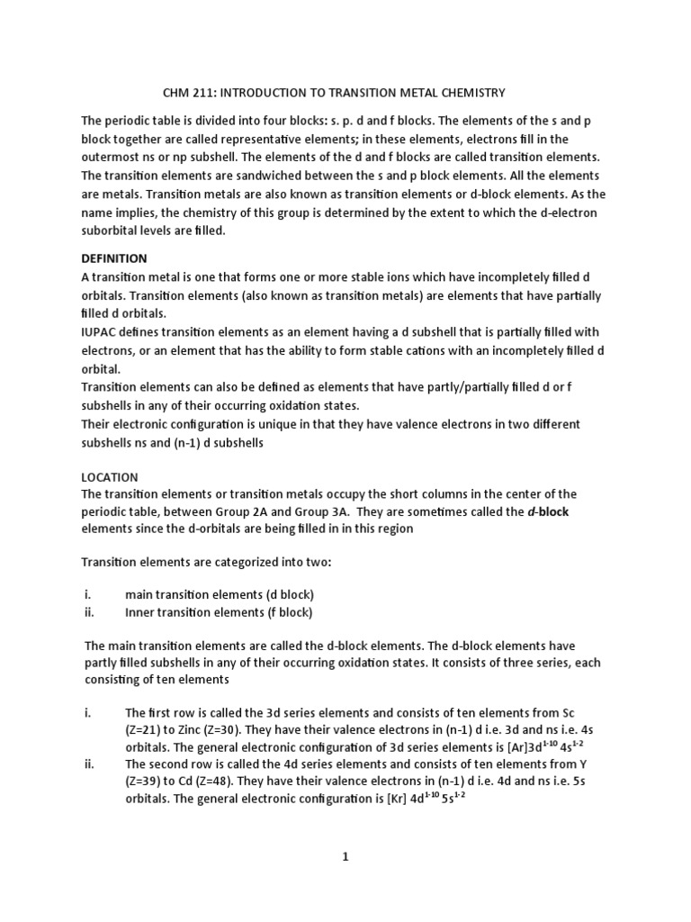 CHM 112.introduction To Transition Metal Chemistry | PDF | Coordination ...