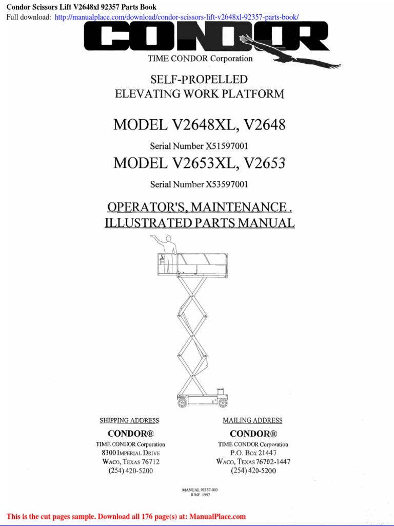 Condor Scissors Lift v2648xl 92357 Parts Book PDF Elevator Forklift