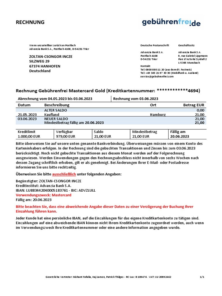 Rechnung: Rechnung Gebührenfrei Mastercard Gold (Kreditkartennummer ...