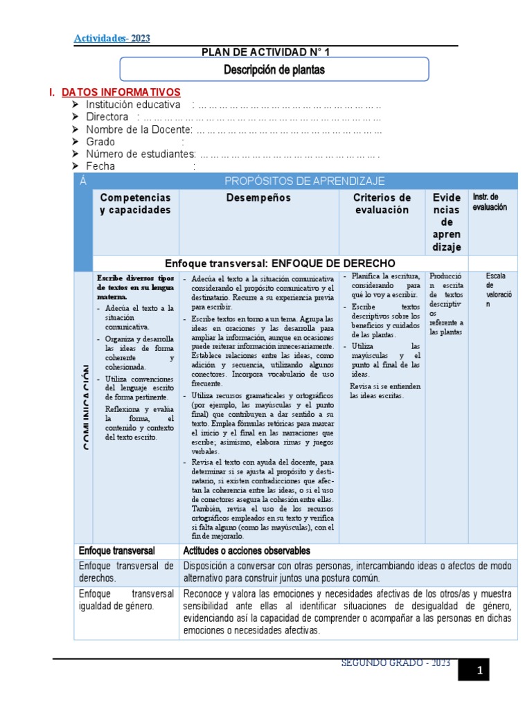 Plan de Actividades 2023: Descripción de Plantas en Segundo Grado | PDF ...