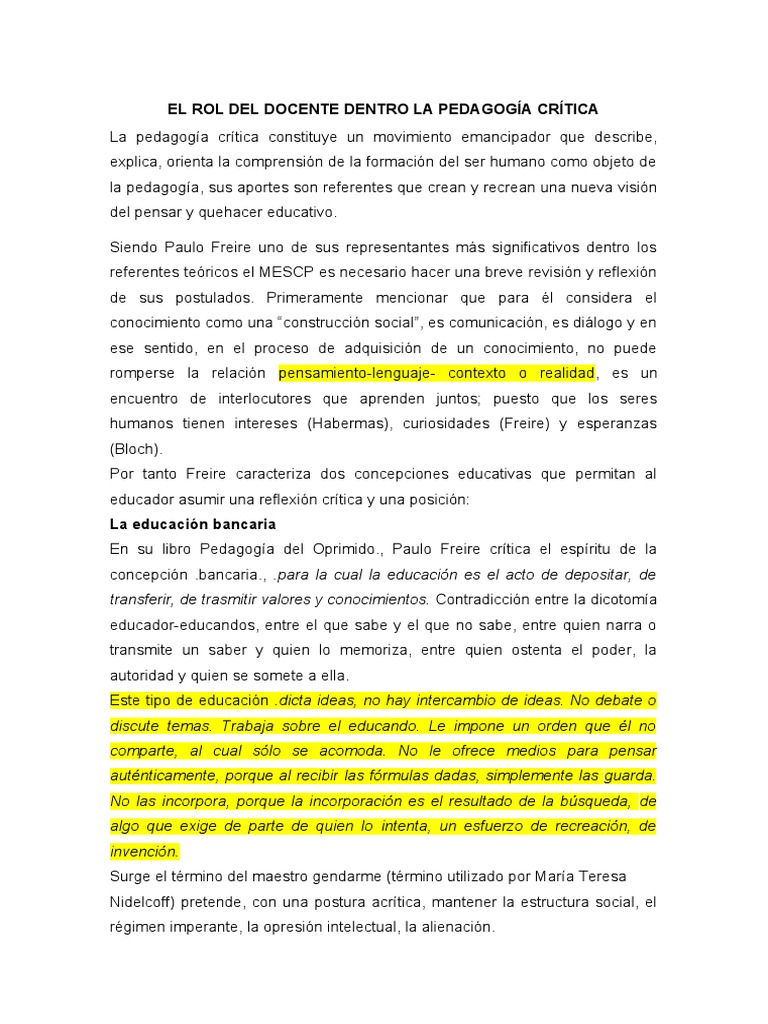 Rol del Docente en la Pedagogía Crítica | PDF | Teorías filosóficas ...
