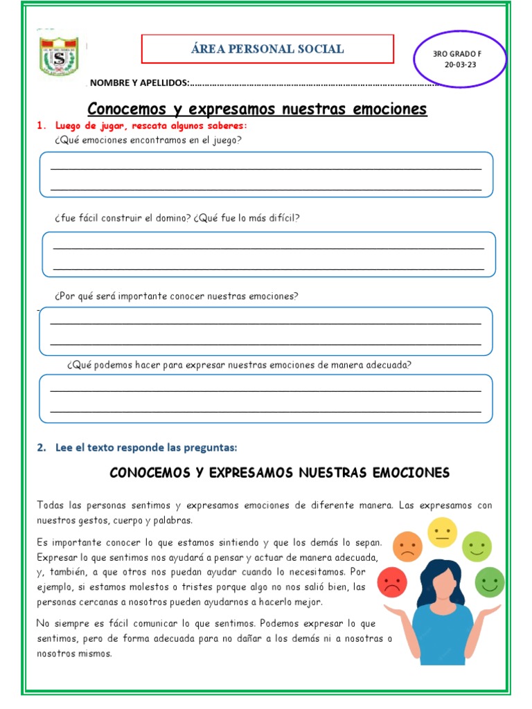 20-03-23 - FICHA DE TRABAJO - PERSONAL SOCIAL | PDF | Las emociones | Temor