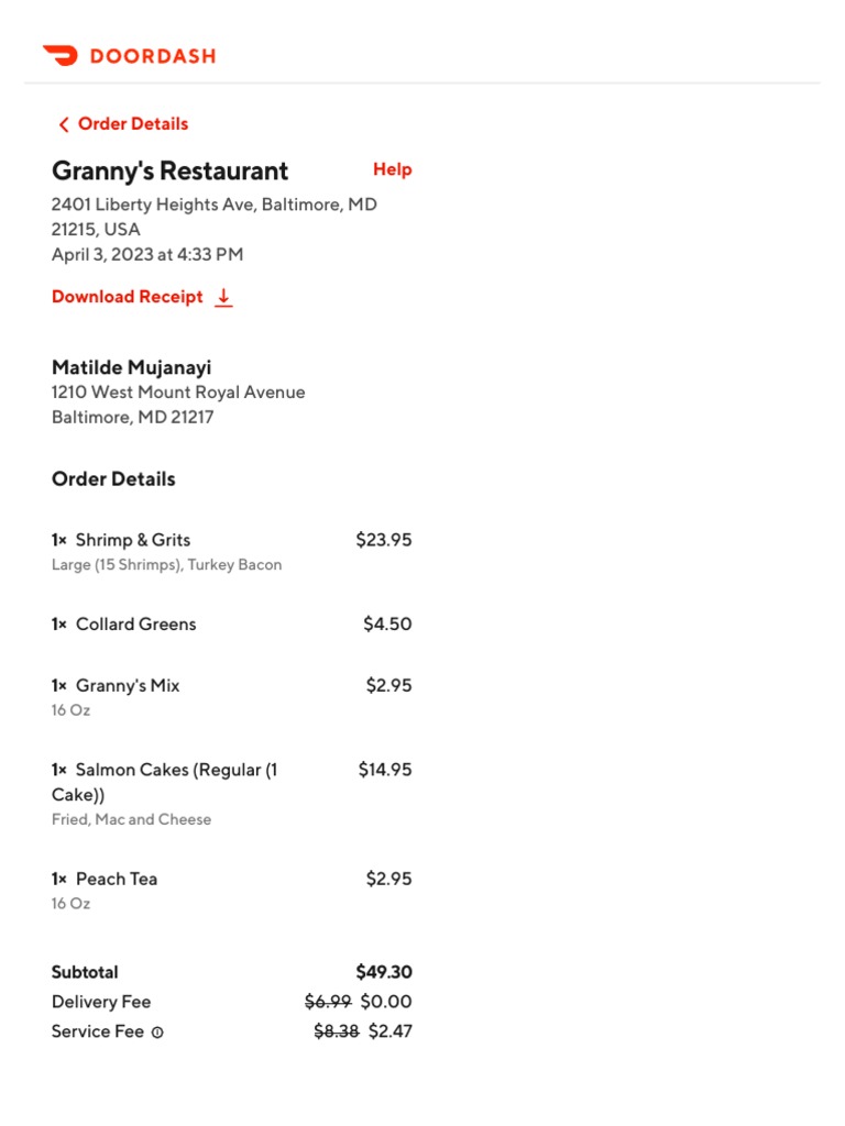 Doordash Food Delivery Menu