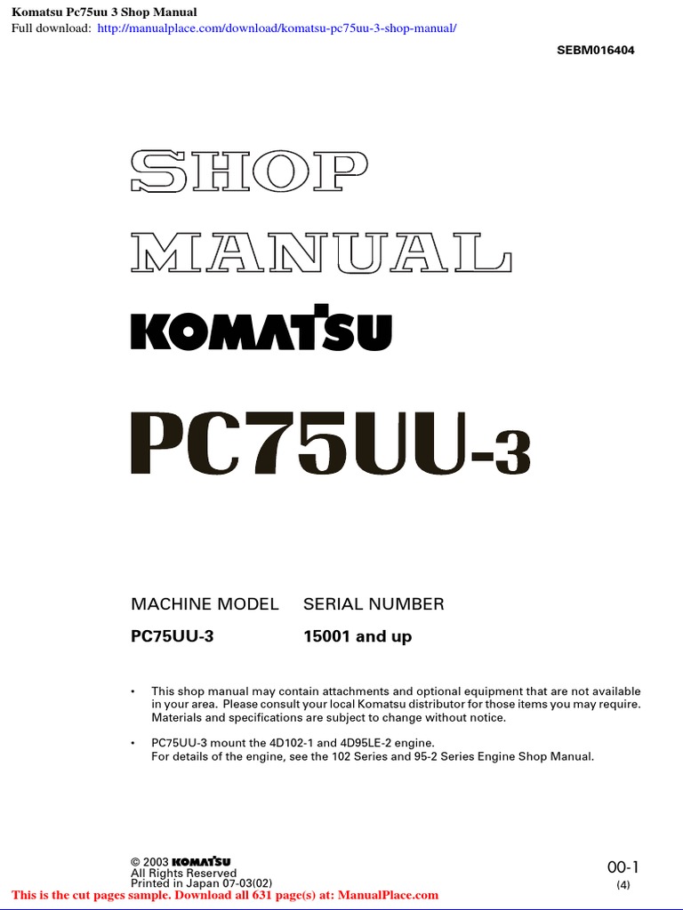 Komatsu PC75UU-3 Specifications Guide | PDF | Rope | Adhesive