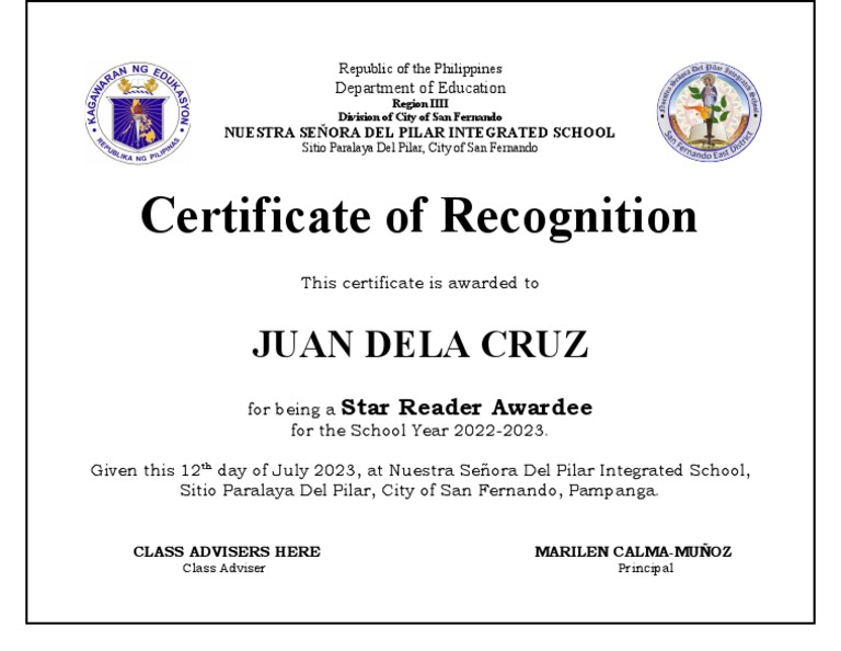 Certificate of Recognition Performance and Character Trait Award | PDF