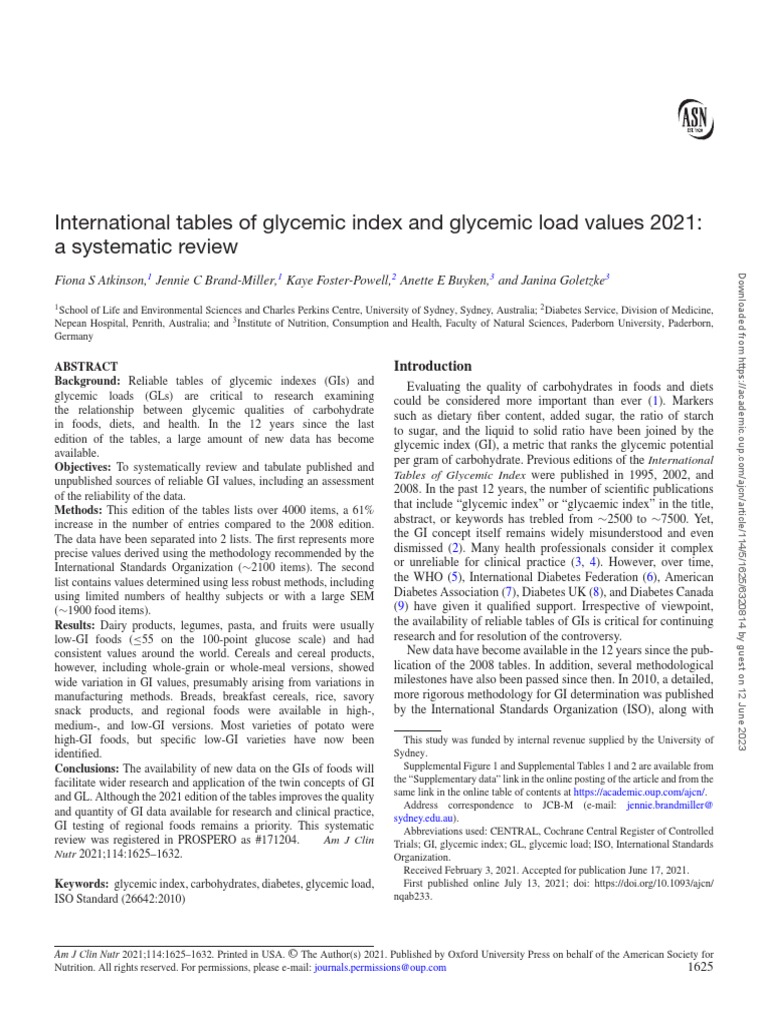 International Tables of Glycemic Index and Glycemic Load Values 2021- A ...