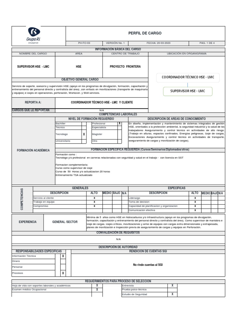 Perfil de Cargo SUPERVISOR HSE - LMC - 200323 | PDF
