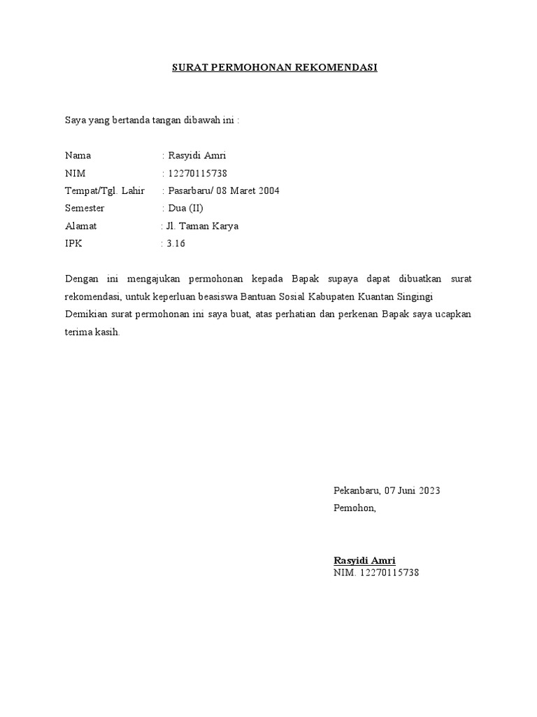 Surat Permohonan Rekomendasi | PDF