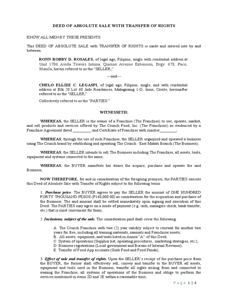 Deed of Absolute Sale With Transfer of Rights - The Crunch Franchise | PDF