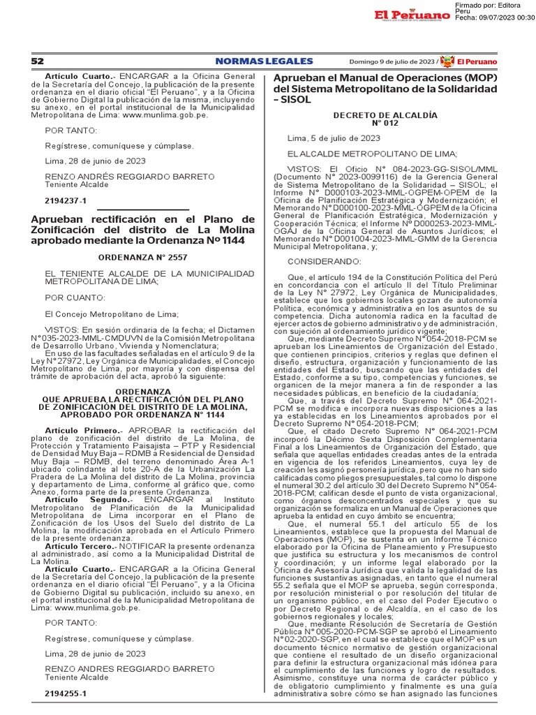 Manual de Operaciones del SISOL | PDF | Gobierno local | Lima