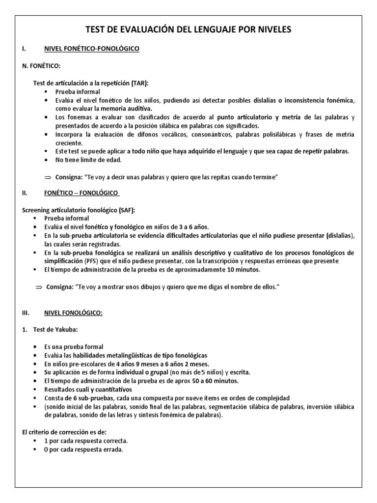 Test de Evaluación Del Lenguaje Por Niveles | PDF | Fonología | Fonética