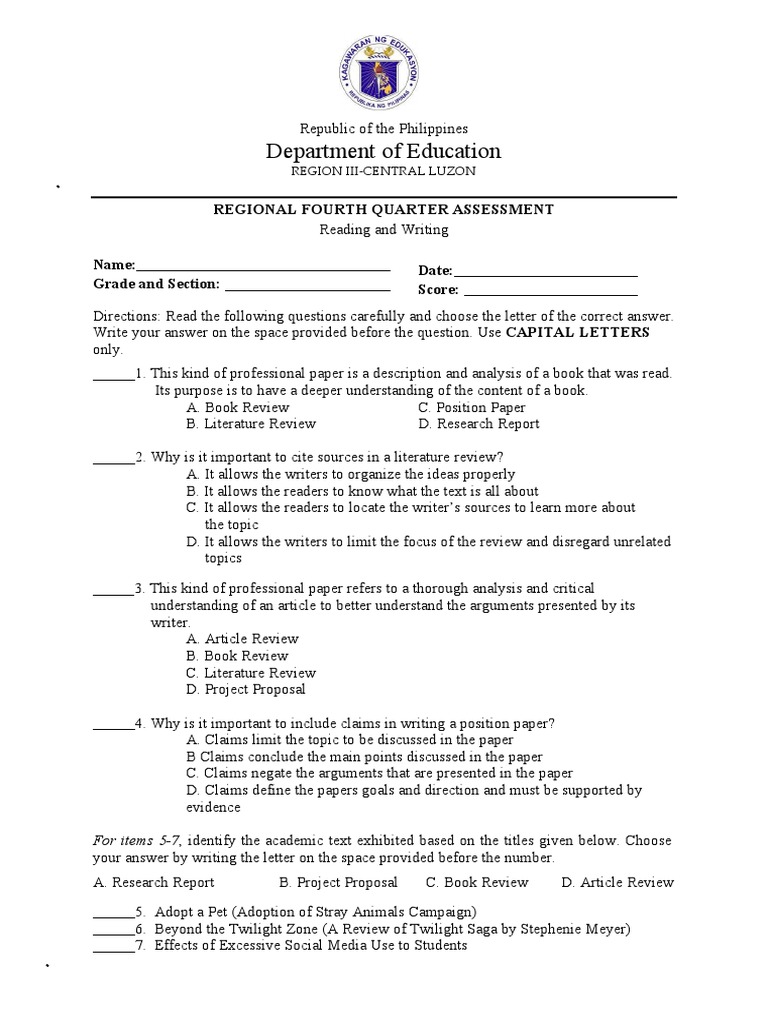 Rfqa Reading and Writing. Assessment Tool PDF Books Résumé