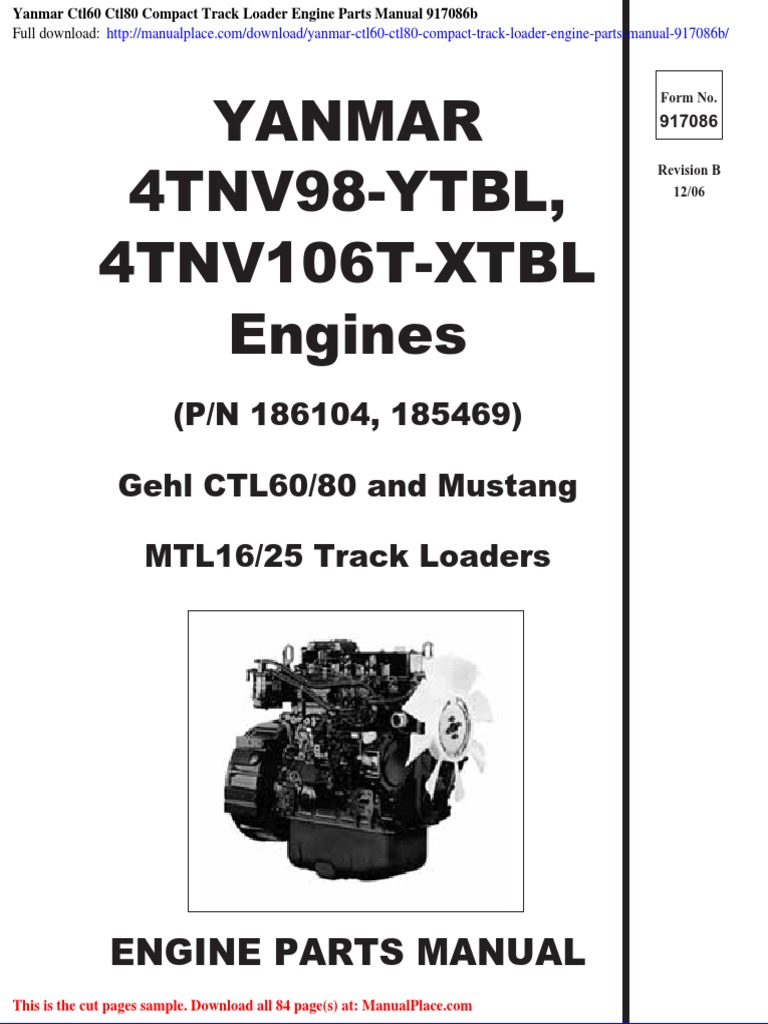 Yanmar Ctl60 Ctl80 Compact Track Loader Engine Parts Manual 917086b ...
