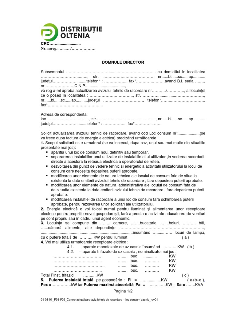 Cerere Actualizare ATR Loc Consum Casnic - Rev01 | PDF