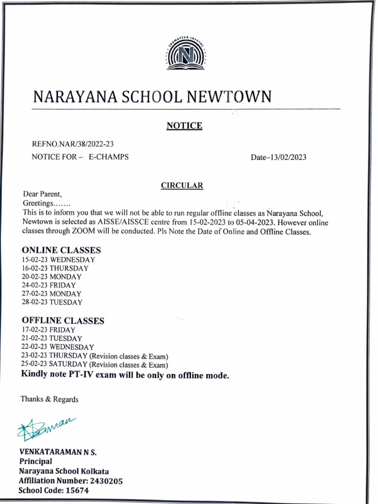 Narayana School Online Class Notice | PDF