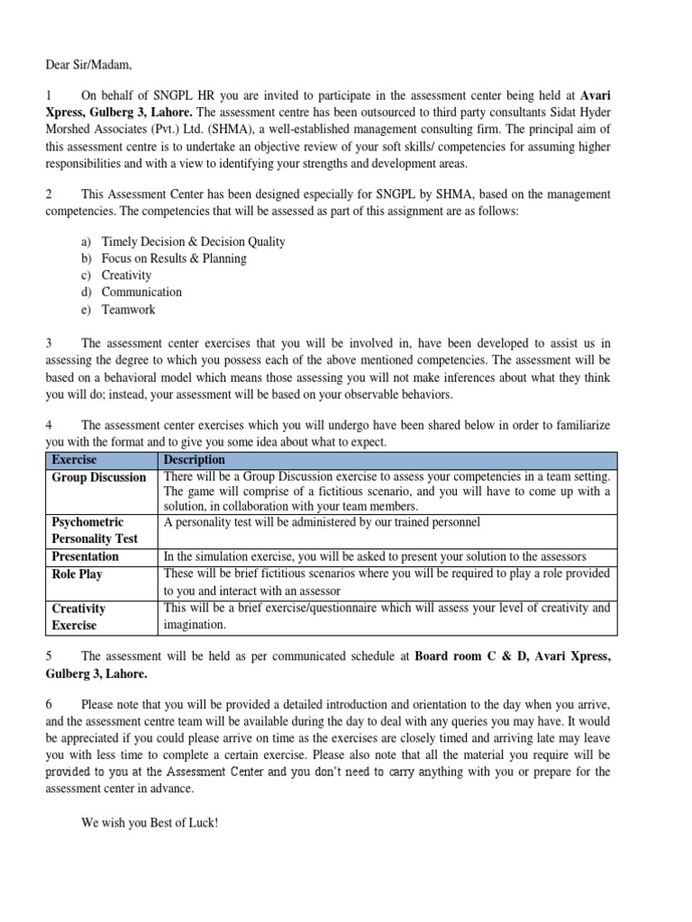 SNGPL Assessment Center Invitation | PDF | Creativity | Human Communication