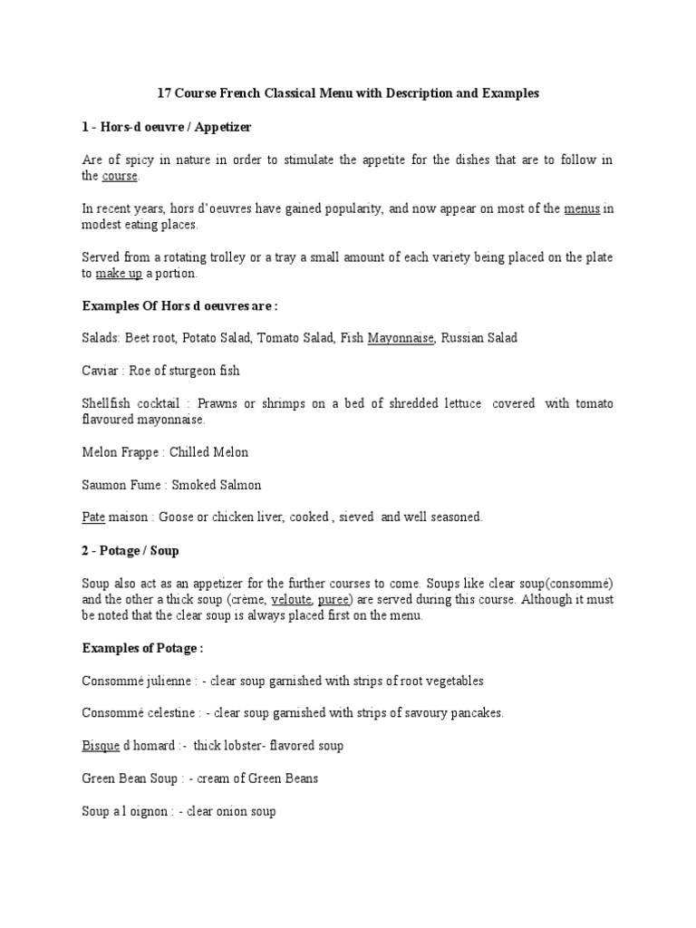 17 Course French Classical Menu With Description and Examples PDF Hors D #39 oeuvre Pasta